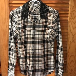 Plaid button down- cream, tan, and black